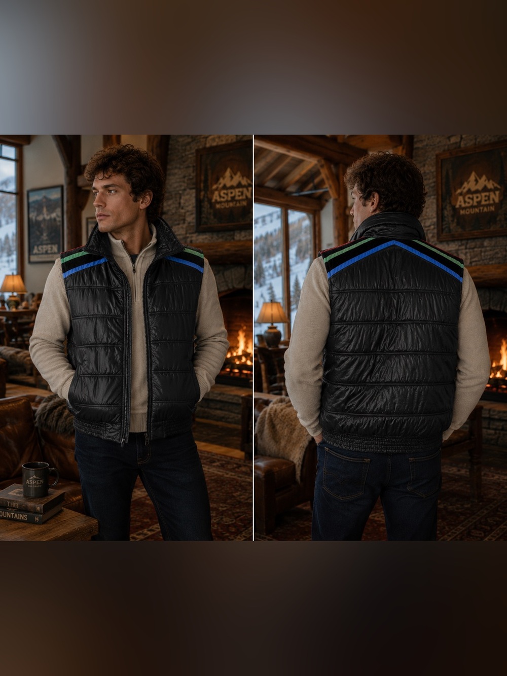 Vintage Alpine Ski Puffer Vest Medium Black Blue Retro Korean Made Winter Vest